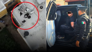 Aerial view of a rooftop with three people circled in red, suggesting suspects.
