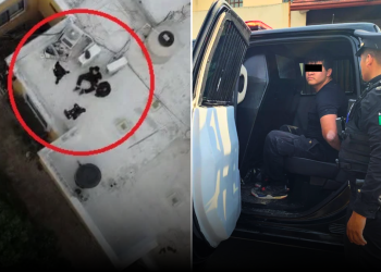 Aerial view of a rooftop with three people circled in red, suggesting suspects.