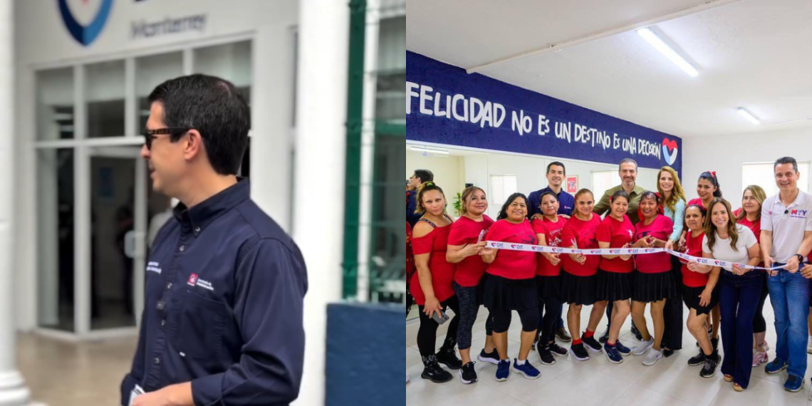 Collage: a Man in Dark Shirt Outside a Building and a Group of Staff in Red Shirts Indoors at a Ribbon-cutting Ceremony with a Banner Behind Them. - Apoyo Regio
