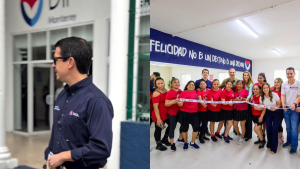 Collage: a man in dark shirt outside a building and a group of staff in red shirts indoors at a ribbon-cutting ceremony with a banner behind them.