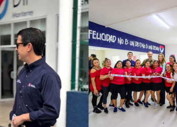 Collage: a man in dark shirt outside a building and a group of staff in red shirts indoors at a ribbon-cutting ceremony with a banner behind them.