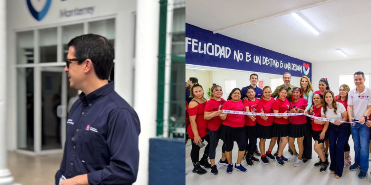 Collage: a Man in Dark Shirt Outside a Building and a Group of Staff in Red Shirts Indoors at a Ribbon-cutting Ceremony with a Banner Behind Them. - Apoyo Regio
