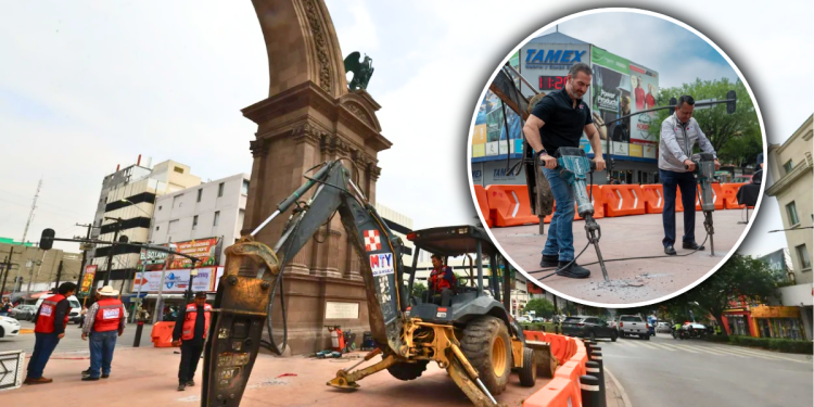Construction Work Around a Historic Monument with an Excavator, Orange Barriers, and Workers in Red Vests Overseeing the Site. - Apoyo Regio