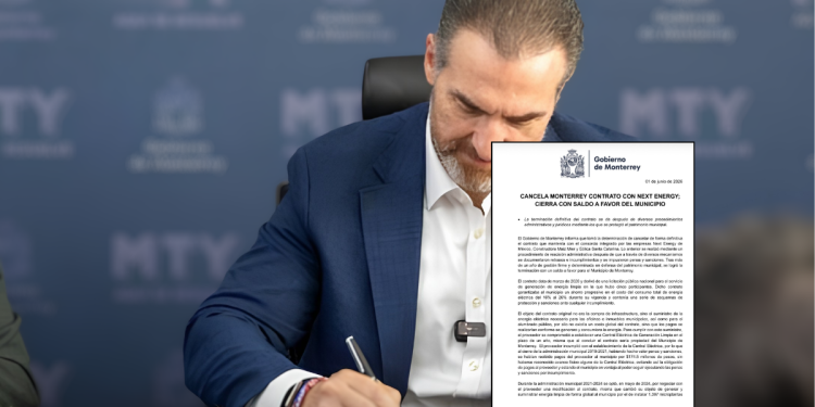 Man in a Blue Suit Signs a Formal Government Contract Document at a Desk, Mty Logos Visible in the Blurred Background - Apoyo Regio