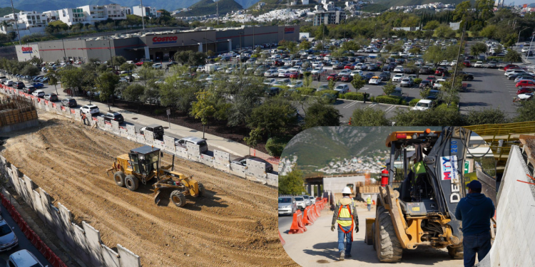 Construction Site Excavation with a Large Dirt Ramp Next to a Costco Parking Lot; Heavy Machinery at Work and a Fenced Area Nearby. - Apoyo Regio