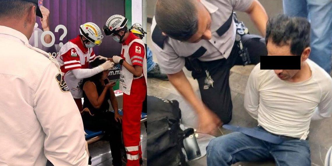 Two Emergency Responders in Red and White Uniforms Treat a Seated Person on a Stretcher; a Security Officer Watches Nearby in a Public Setting. - Apoyo Regio
