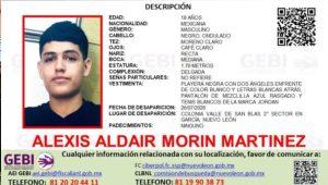 Rostro de Alexis Aldair Morin Martínez en una ficha policial: edad 18 años, sexo masculino, tez morena clara, estatura 1,70 m y datos de desaparición (lugar y fecha).