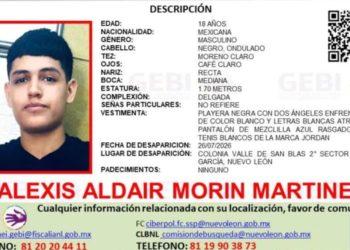 Rostro de Alexis Aldair Morin Martínez en una ficha policial: edad 18 años, sexo masculino, tez morena clara, estatura 1,70 m y datos de desaparición (lugar y fecha).