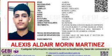 Rostro De Alexis Aldair Morin Martínez En Una Ficha Policial: Edad 18 Años, Sexo Masculino, Tez Morena Clara, Estatura 1,70 M Y Datos De Desaparición (lugar Y Fecha). - Apoyo Regio