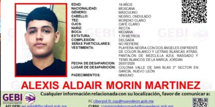 Rostro De Alexis Aldair Morin Martínez En Una Ficha Policial: Edad 18 Años, Sexo Masculino, Tez Morena Clara, Estatura 1,70 M Y Datos De Desaparición (lugar Y Fecha). - Apoyo Regio