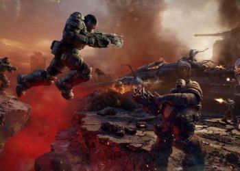 Soldiers in heavy exosuits rushing across a cratered battlefield amid explosions and lava-red smoke.