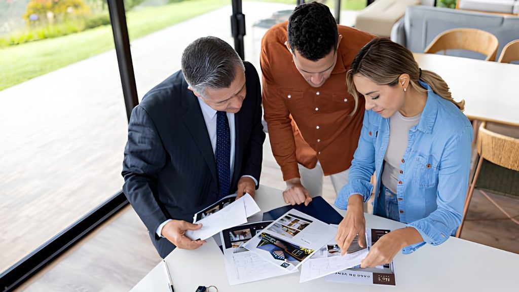 Three Professionals Review Printed Documents and Photos Spread on a White Table in a Bright Office Setting. - Apoyo Regio