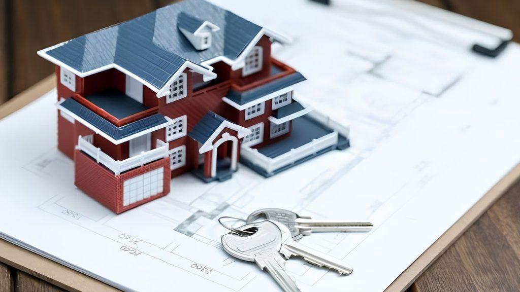 Miniature Red House with Blue Roof Sits on Architectural Blueprints, with a Set of Keys Nearby—conveys Real Estate Planning - Apoyo Regio