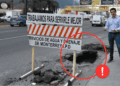 Roadwork Hazard: a Large Hole in the Street Behind a Striped Barrier, with a Man Standing Nearby and a Warning Circle is Visible. - Apoyo Regio